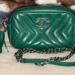 CHANEL Emerald Green Chevron Crossbody Bag